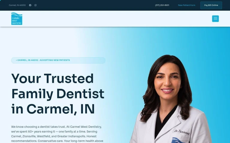 Carmel West Dentistry website shown on a laptop