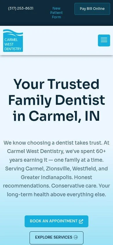 Carmel West Dentistry website shown on a phone