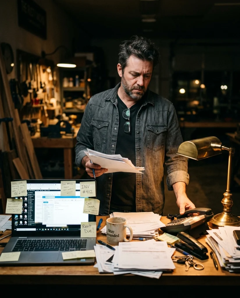 A business owner at his desk after hours, buried in admin work