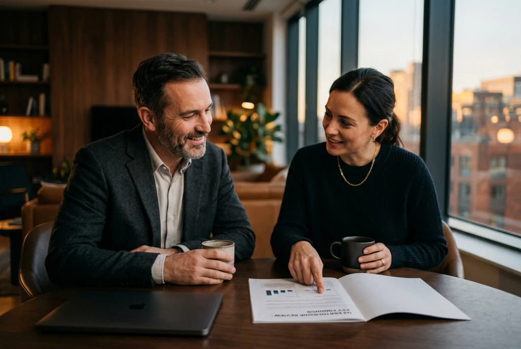 Two business partners reviewing a simple monthly report over coffee