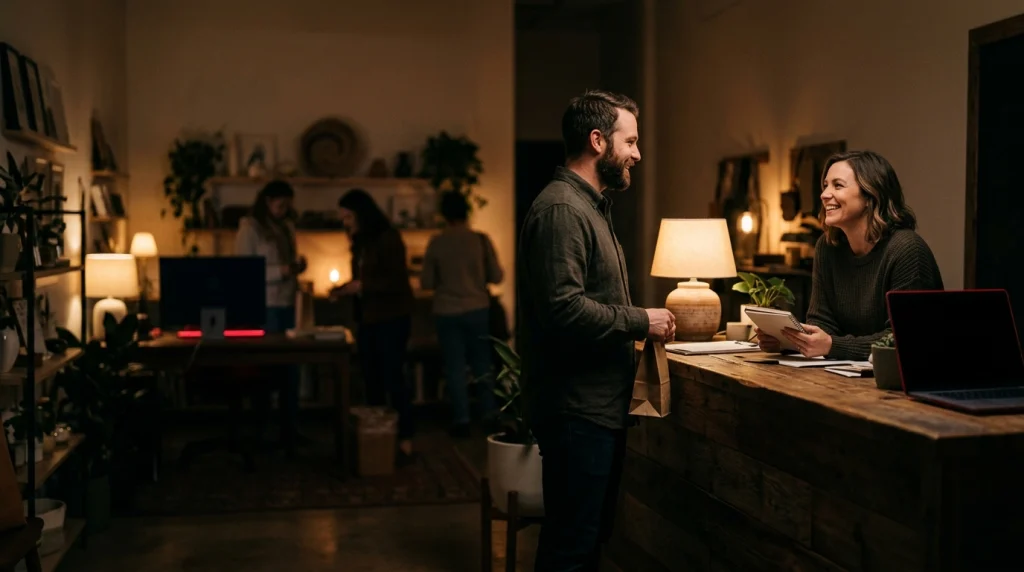 A customer holding a paper bag chats with the owner across a reclaimed-wood front counter in a warmly lit studio.