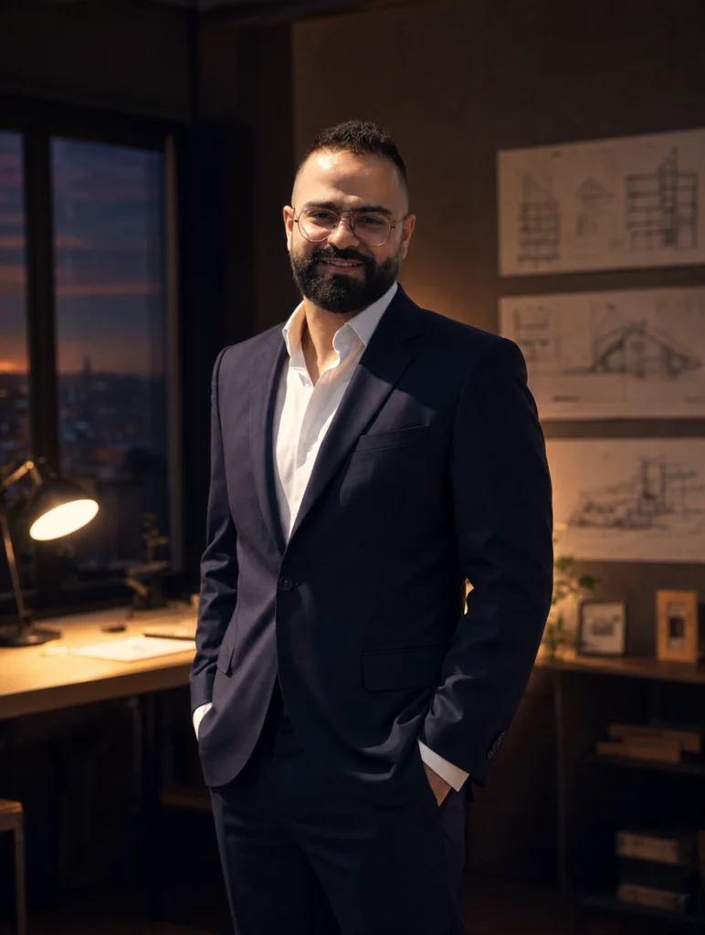 A bearded man in glasses and a navy suit stands in a lamp-lit study, framed architectural drawings on the wall behind him.